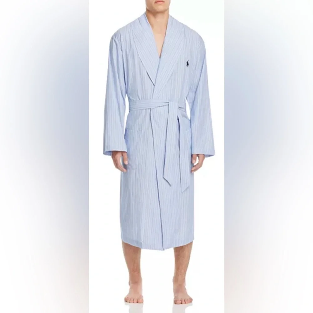 Polo Ralph Lauren Blue and White Striped Cotton Classic Robe Size S/M